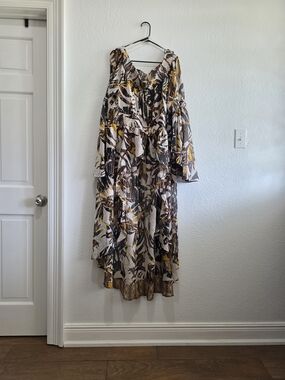 Joy & Ash Boho High-Low Tiered Maxi Dress in White, Brown & Mustard